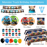 Ensemble de fournitures pour fête d'anniversaire Monster Truck : Assiettes, gobelets, serviettes, nappes, bannière, ballons, décorations de gâteau, fourchettes, vaisselle jetable
