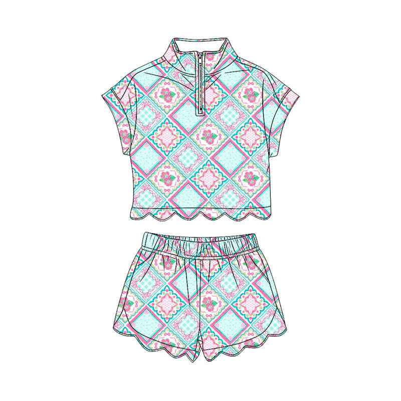 Preorder Baby Girls Summer Flowers Aztec Zip Scallop Tops Sports Shorts ...