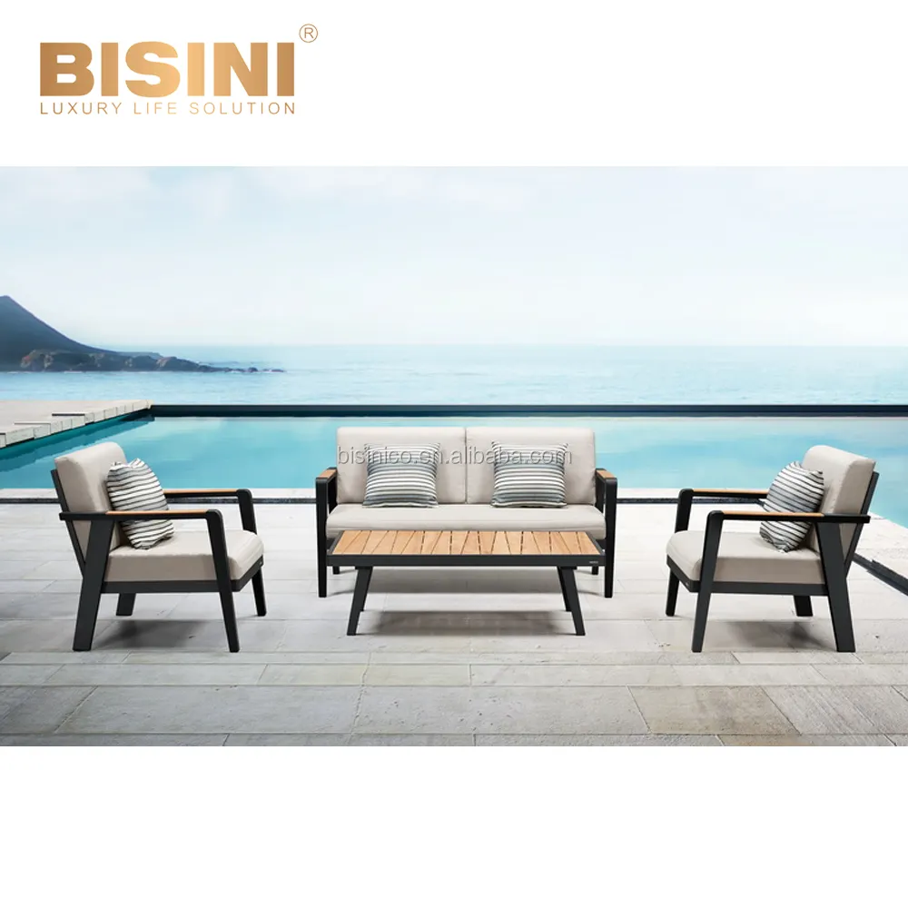 Đơn Giản Phía Bắc Châu Âu Thiết Kế Mới Của Loạt Vườn Sofa Thiết Lập Màu Đen Kim Loại 1 + 1 + 2 Ghế Sofa Với Đệm Và bàn Cà Phê