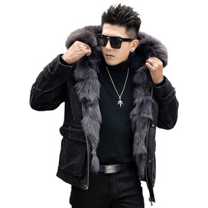 Abrigo de piel de zorro con capucha para hombre, <span class=keywords><strong>Parka</strong></span> de piel de lujo negra - Product Image 1