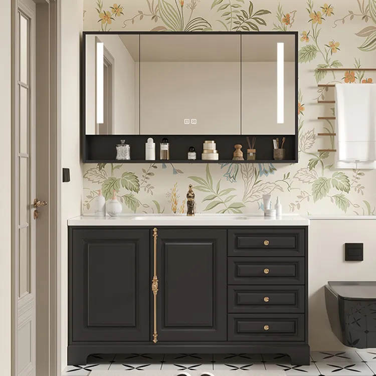 Stile francese in legno massello di quercia bagno di vanità pavimento in piedi Freestanding moderno mobiletto del bagno con Led specchio di illuminazione