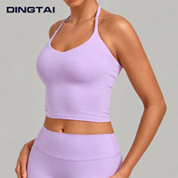 Haut de yoga Dingtai Halter à décolleté plongeant et dos ouvert pour femme, sans manches, avec coussinets amovibles, couleur unie, anti-humidité, vêtement de sport