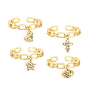 Nuevos Anillos Apilables de Acero Inoxidable con Baño de Oro de 18K, Diseño de Cadena, Corazón, Estrella, Cruz y Ojo con Circonitas - Product Image 1