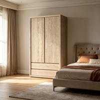 Armoire 2 portes 2 tiroirs en chêne massif sans poignées, style Japandi moderne et minimaliste, pour chambre, appartement, maison, hôtel