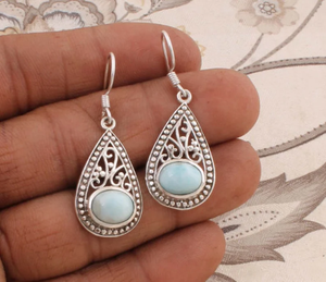Étonnante pierre précieuse de Larimar ovale en argent sterling Boucle d'oreille bohème minimaliste Cadeau de mariage et d'anniversaire pour femme Accessoire de mode - Product Image 3