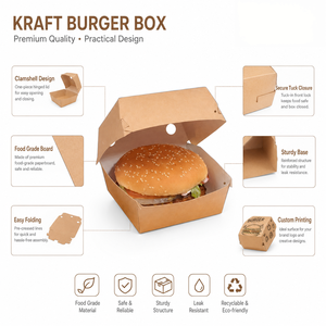 Boîtes alimentaires en papier kraft pratiques, portables et recyclables avec impression de logo personnalisée OEM pour hamburgers, sandwichs et frites - Product Image 1