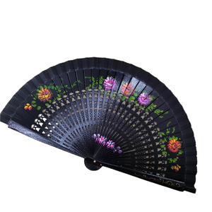 Wholesale Custom Blue Hand-Painted Floral Hollow 23cm Bamboo Fans Spanish Style Handheld Folded Wooden Craft