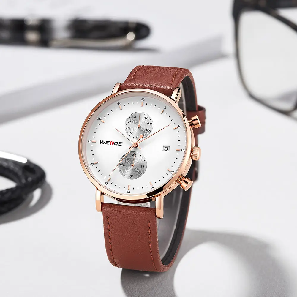 WEIDE New Luxury Fashion Glass Quartz Analog Leather Men Watch Casual Sport Leather Strap Male wristwatch