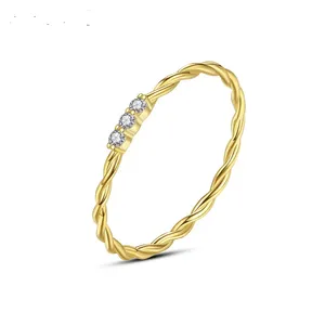 1.5毫米钻石薄925女金色纯银新款时尚手指微氧化锆戒指简约麻花饰品