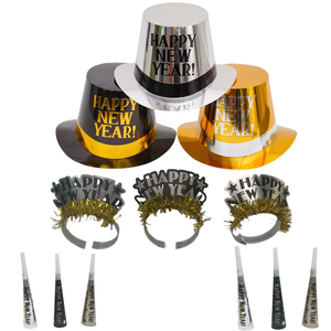 Kit de fête HLC pour le Nouvel An et le réveillon de Noël, comprenant un photomaton, un chapeau haut-de-forme en papier métallisé, des lunettes, un sifflet, un bruiteur et des accessoires de fête - Product Image 1
