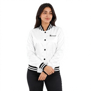 Veste de baseball en satin blanc pour femme Tiierwear, col rayé, boutons pression - Product Image 1