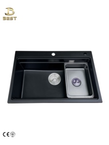 Évier de cuisine fait à la main en pierre de quartz anti-rayures noir de luxe Robinet de montage sur le dessus en granit de conception rectangulaire de 5 ans - Product Image 5