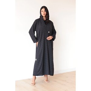 LEDUO Ramadan <b>Eid</b> Casual Modest Wear Black Flower Print <b>Long</b> Sleeve Striped Hooded Open Muslim Abaya - Product Image 1
