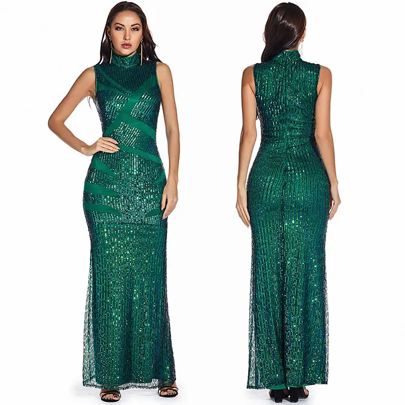 2021 Fall Clothes Formal Elegant Green Sequins Straight High Neck Sleeveless Maxi Long Evening Party Dress