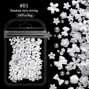 100/50 Stuks 3d Gemengde Roze Paarse Nagel Steentjes Kawaii Strik Bloem Beer Parel Design Nail Art Bedels Sieraden Manicure Accessoire