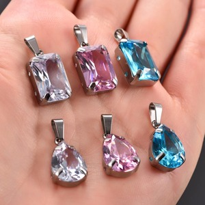 Pendentif en pierre naturelle colorée en acier inoxydable avec zircon clair, breloques pour collier DIY, fabrication de bijoux romantiques pour mariage - Product Image 3