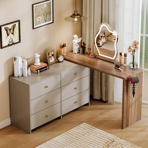 Modern Vanity Desk with LED Mirror &amp; Charging Port 8 Drawers &amp; <strong>Storage</strong> Shelves Wood Makeup <strong>Dressing</strong> <strong>Table</strong> <strong>for</strong> Bedroom - Product Image 3