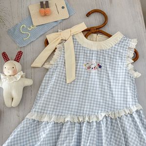 Child Star Circle Girls Dress Sleeveless Blue Plaid <b>Bow</b> Knot Summer Breathable Cute Baby Tulip Vest Style - Product Image 3