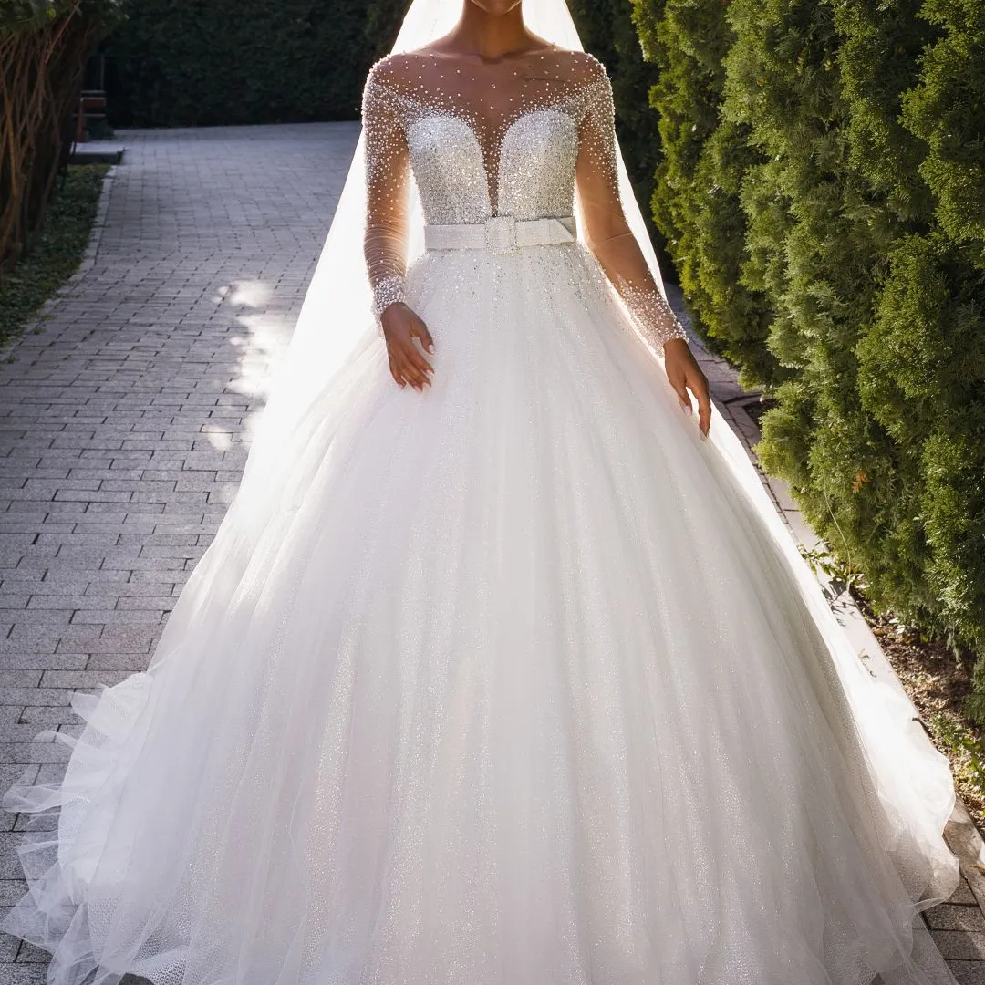 2023 vestidos de novia de lujo vestidos de novia de cristal vestidos de novia de manga larga árabe de lujo una línea vestidos de novia largos vestidos de novia