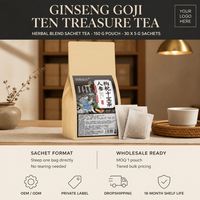 Teh Herbal Ginseng Goji Ten Treasure dalam Kemasan Sachet 150g, Bersertifikat ISO, Kualitas Premium, Teh Kesehatan, Grosir, OEM, ODM, Label Pribadi