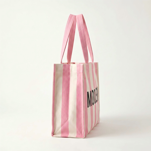 Sac fourre-tout en toile rayé écologique pour femmes, sac d'épicerie avec poche intérieure, sac en coton avec logo imprimé personnalisé - Product Image 2