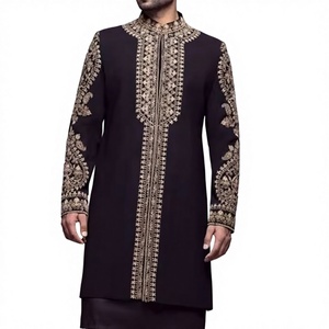Ensemble de costume pour homme avec broderie éblouissante, sherwani, kurta et pantalon, respirant, noir, avec perles de verre et travail Dabka - Product Image 3