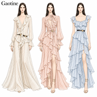 Robe de soirée personnalisée OEM ODM pour femme, style bohème, en mousseline de soie à pois suisses, avec volants, coupe trapèze, fente haute et ourlet superposé, vente en gros