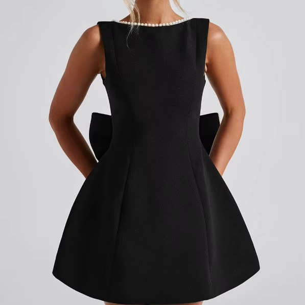asos black dress with pearls ASOS LUXE pearl embellished mini dress with scallop hem in black