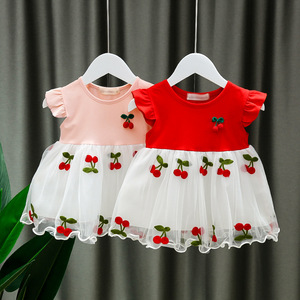 Vestito Estivo per Bambine con Maniche a Sbuffo, Abito Principessa in Tulle con Fiocco e Ricamo a Ciliegia - Product Image 1