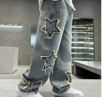 Jeans High Street Baggy à Jambes Larges avec Patch Brodé Étoile Colorée, Pantalon en Denim Décontracté pour Homme à Coupe Droite
