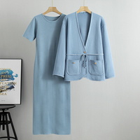 Set Gaun Rajut Gaya Kasual Musim Gugur, Set Cardigan Rajut dan Gaun Rajut, Set Dua Potong Rajut untuk Wanita
