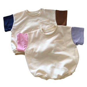 Barboteuse d'été unisexe à manches courtes avec poche, motif color block, confortable, pour bébé - Product Image 1