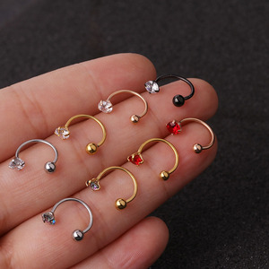 Orecchini classici in acciaio inossidabile a forma di C con sfera a zircone con cartilagine a doppio foro Piercing all'orecchio - Product Image 2