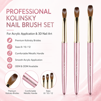 Pinceau à ongles en poils de Kolinsky avec manche en métal rose, vente en gros, étiquette personnalisée, lot de 3 pinceaux à gel pour ongles pour salon de manucure
