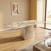 Table à manger en porcelaine de style italien avec base en acier inoxydable finition miroir sculpturale, table unique, mobilier de luxe pour la maison
