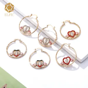 Elfic 2021 Hot Selling 14k Gold Colorful Heart Earring Vogue Zircon Hoop Earrings Copper Alloy 12 Pairs 35mm There Colors CN GUA