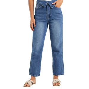 Pantalones de mezclilla cónicos para mujer, piernas acampanadas, patrón sólido, lavado de colores, ropa de calle informal elástica duradera, diseño recto bonito - Product Image 1