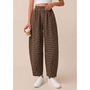 Pantalon Plaid à Taille Haute pour Femme, Coupe Ample et Respirante, Motif Gingham, Idéal Printemps-Été, Style Décontracté et Plage - Product Image 2
