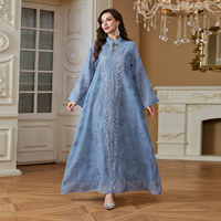 Abaya élégante à col montant, broderie verticale de feuilles, sequins, polyester léger, manches évasées, modeste, formelle, longue, pour adultes