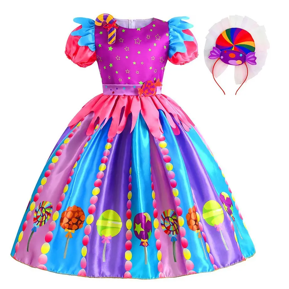 Recién llegado Purim Girl's Lollipop Print Rainbow Candy Carnival Kids Halloween Lollipop Disfraces con diadema