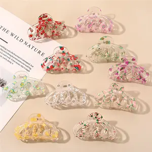 SP Korean Fashion New Design Manufacture Hair Claw Clips Acrylic Plastic Made Cherry Fruit Flower Printed Hair Claw