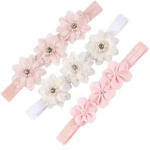 Baby Toddler Elastic Chiffon Flower Headbands Princess Girls three flower chiffon pearl elastic headband