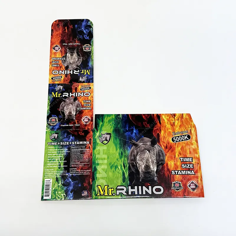 ราคาส่งกระดาษการ์ด กล่องบรรจุภัณฑ์ยา Rhino พร้อมขวดแคปซูลสําหรับบรรจุภัณฑ์ยาเสริมสมรรถภาพชาย