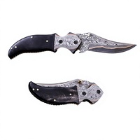 Couteau pliant à lame pointue en acier Damas sur mesure, manche en cuir, bouton de réglage du pouce, couteau de chasse, épaisseur de la lame 0,6 mm, couteau de poche