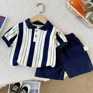 2025 Mới Nhất Trẻ Em Mùa Hè 2Pcs Phù Hợp Với Polo-Shirt + Quần Short Sọc In Giản Dị Bé Cậu Bé Quần Áo Thiết Lập - Product Image 1