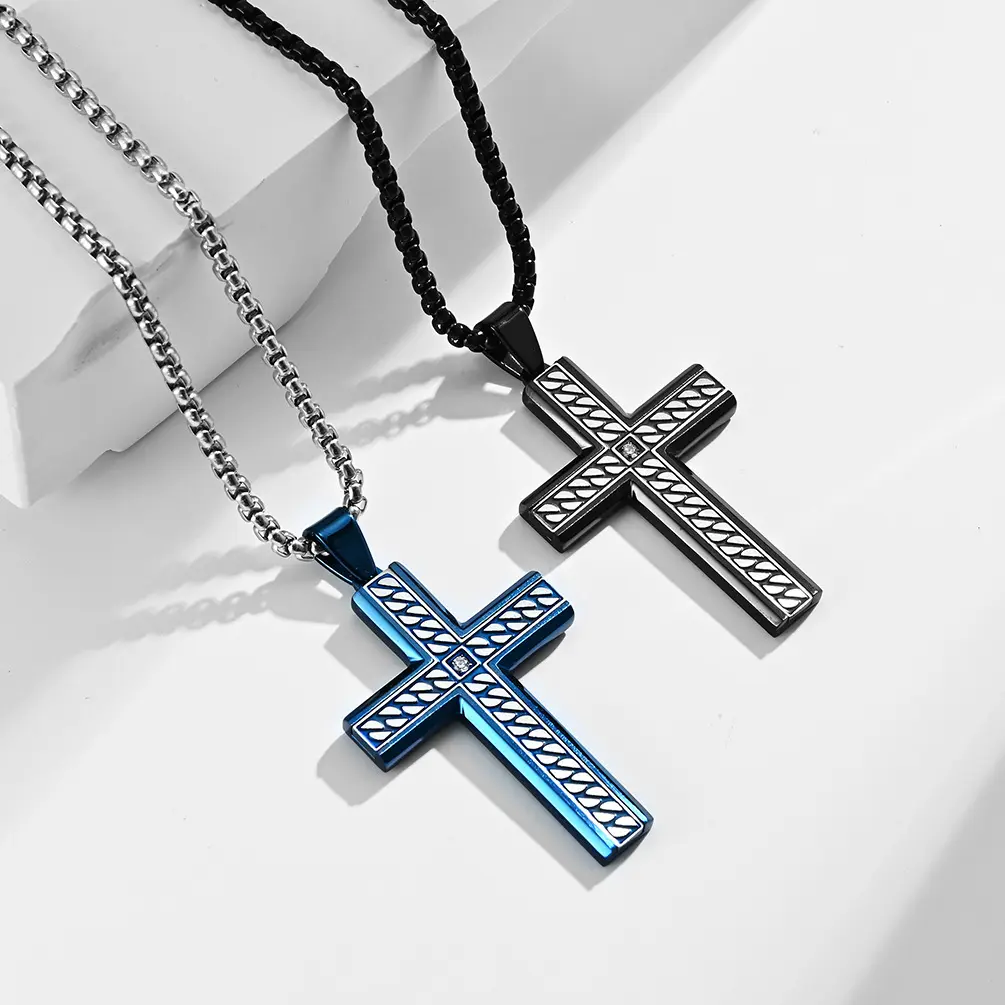 Crystal Zirconia Black Stainless Steel Jesus Cross Necklace Pendant Jewelry For Men
