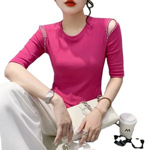 Camiseta ajustada de media manga de buena calidad para mujer, camiseta ajustada Sexy con diamantes, cuello redondo de algodón elástico de estilo femenino - Product Image 1