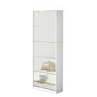 Meuble de rangement moderne en bois blanc et noir avec grand miroir convertible et tiroirs rabattables pour chaussures