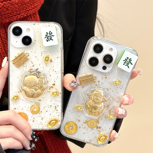 Gold Glitter Ingot Coin Transparent Chinese New Year God of Wealth Lucky Cat Rotatable Silicone Phone case for iphone 14 16 17
