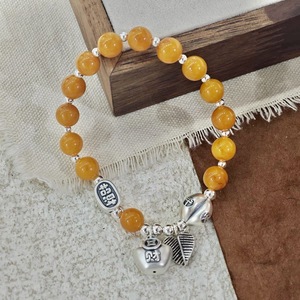 S925 Sterling <b>Silver</b> <b>Beaded</b> Amber Bracelet Heart Charm Unisex Everyday Wear Fine Jewelry - Product Image 2